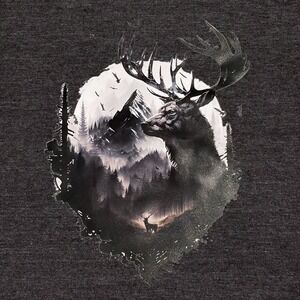 George Men's Graphic‎ T Shirt V Neck Dark Heather Gray Deer Forest Nature Size M
